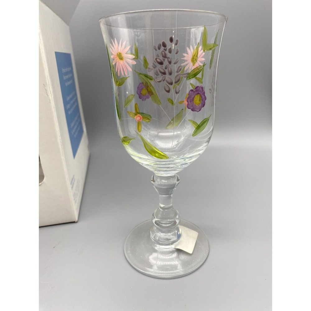 Vintage Hand Painted And Etched Studio Nova Wildflowers Stemmed Goblets Set of 4